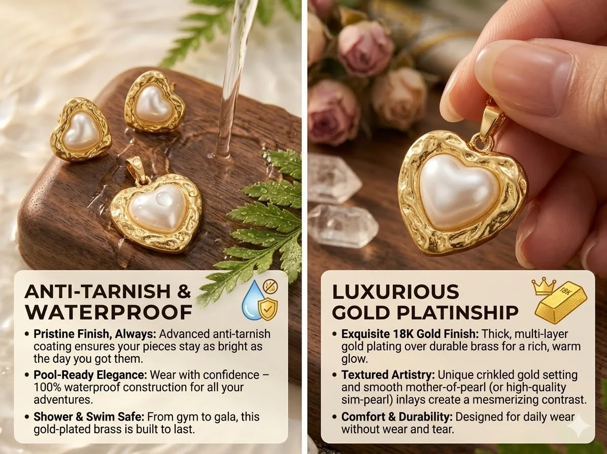 Gold-Tone Heart Pearl Pendant Necklace with Matching Stud Earrings Set view 2