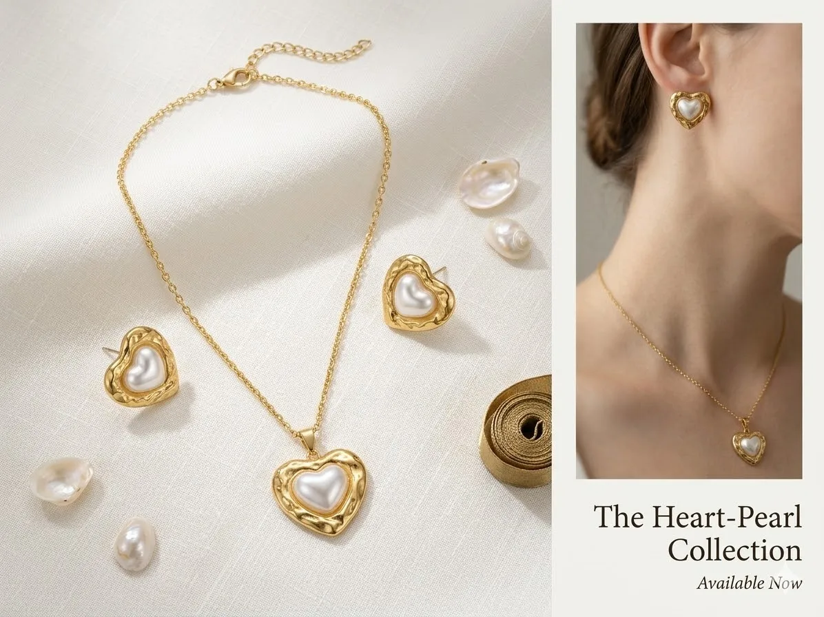 Gold-Tone Heart Pearl Pendant Necklace with Matching Stud Earrings Set view 3