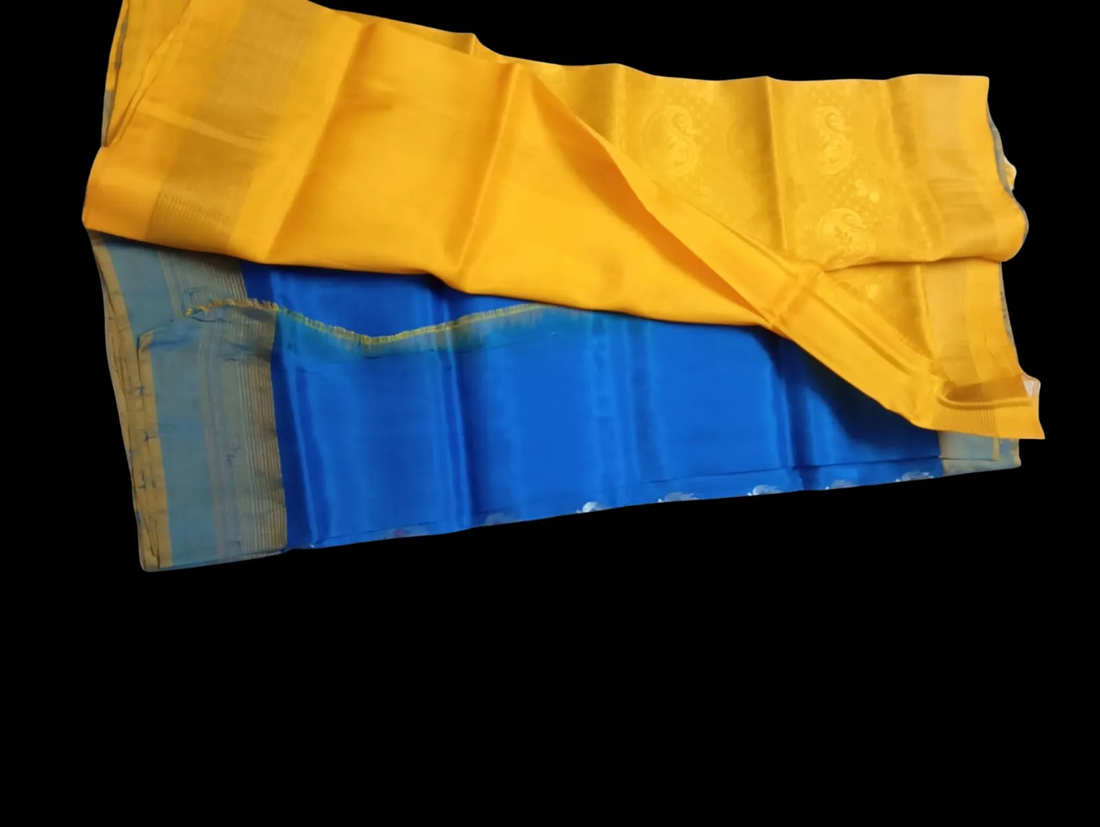 Blue and Mustard Kanchi Pure Silk Saree with Zari Border view 2