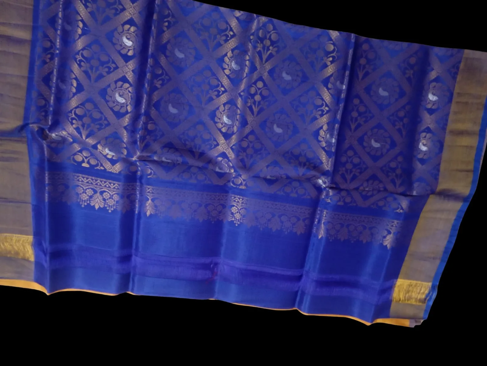 Mustard Yellow Kanchi Pure Silk Saree with Royal Blue Zari Border view 2