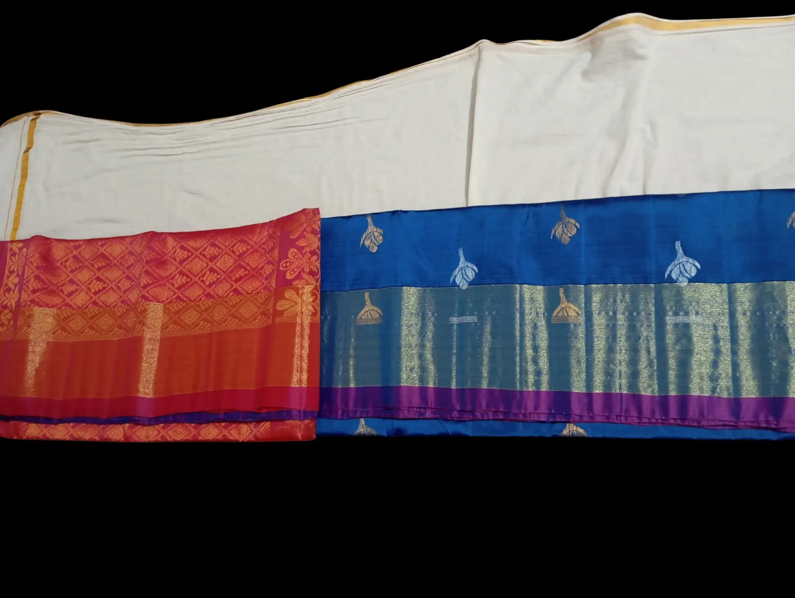 Blue Pure Silk Saree with Silver Zari Border and Pink Pallu view 2