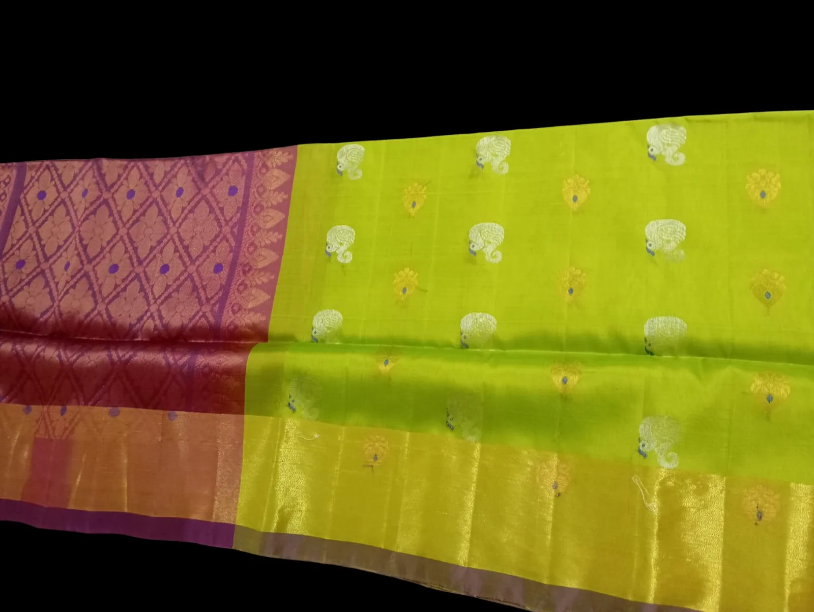 Kanchi Pure Silk Saree in Lime Green and Pink with Zari Border view 2