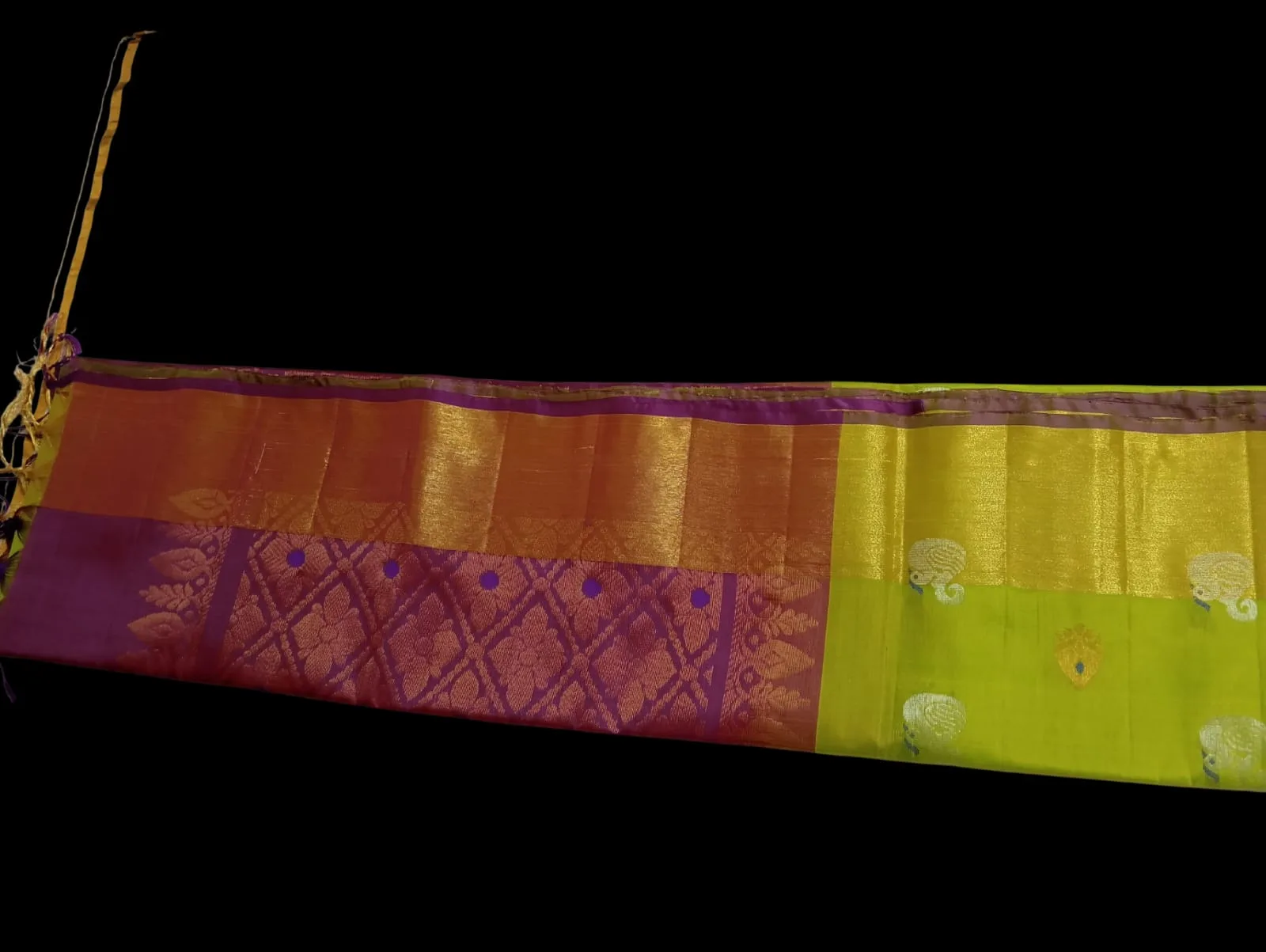 Pure Silk Saree with Lime Green Body and Purple-Gold Border view 2