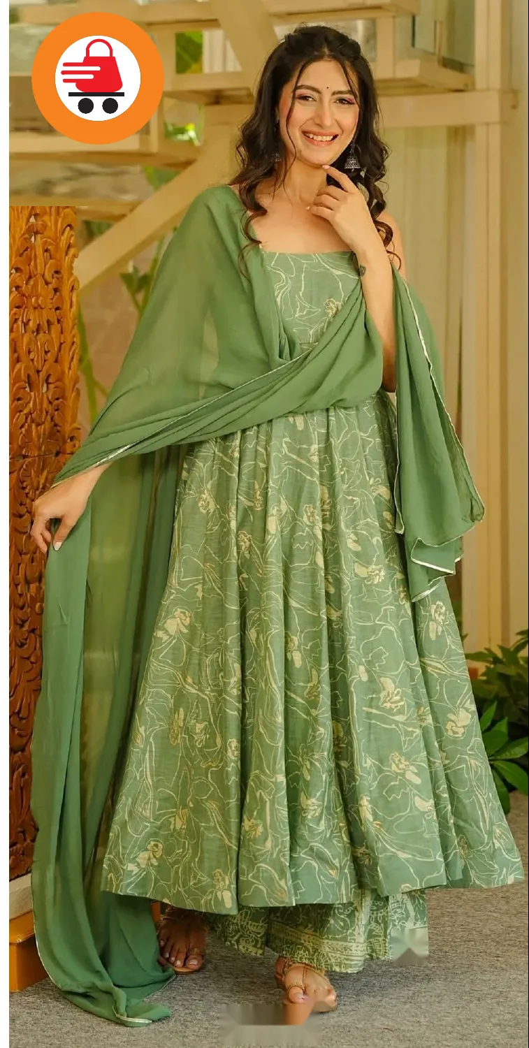 Women's Sage Green Printed Muslin Anarkali Suit Set with Dupatta view 2