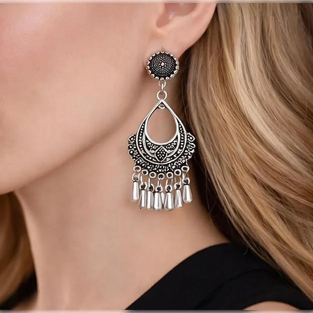 Designer Oxidised Silver-Tone Dangle Earrings for Women Teardrop Ethnic Earrings view 2