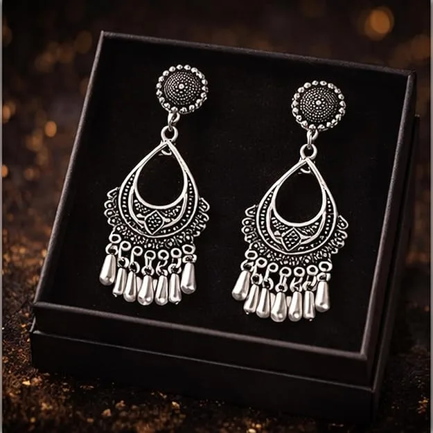 Designer Oxidised Silver-Tone Dangle Earrings for Women Teardrop Ethnic Earrings view 3