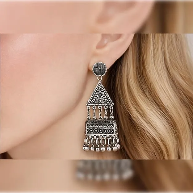 Oxidised Silver-Tone Traditional Jhumka Drop Earrings view 2