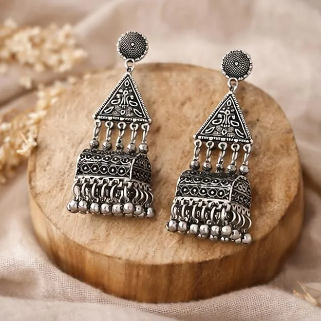 Oxidised Silver-Tone Traditional Jhumka Drop Earrings view 3
