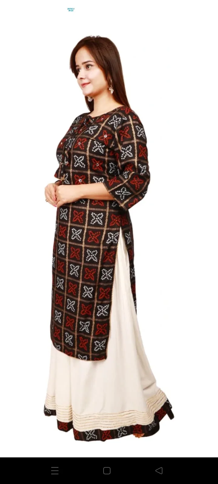 Women Black Printed Kurta with Off-White Skirt Set view 3