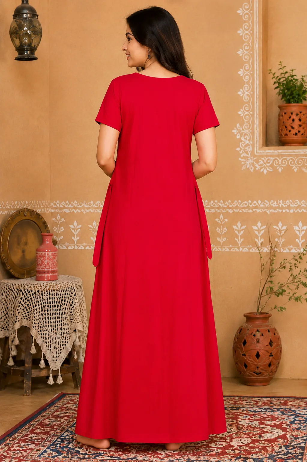 Women’s Solid Red Cotton  Maxi Nightdress with Ajrakh-Inspired Block Printed Yoke Panel view 2