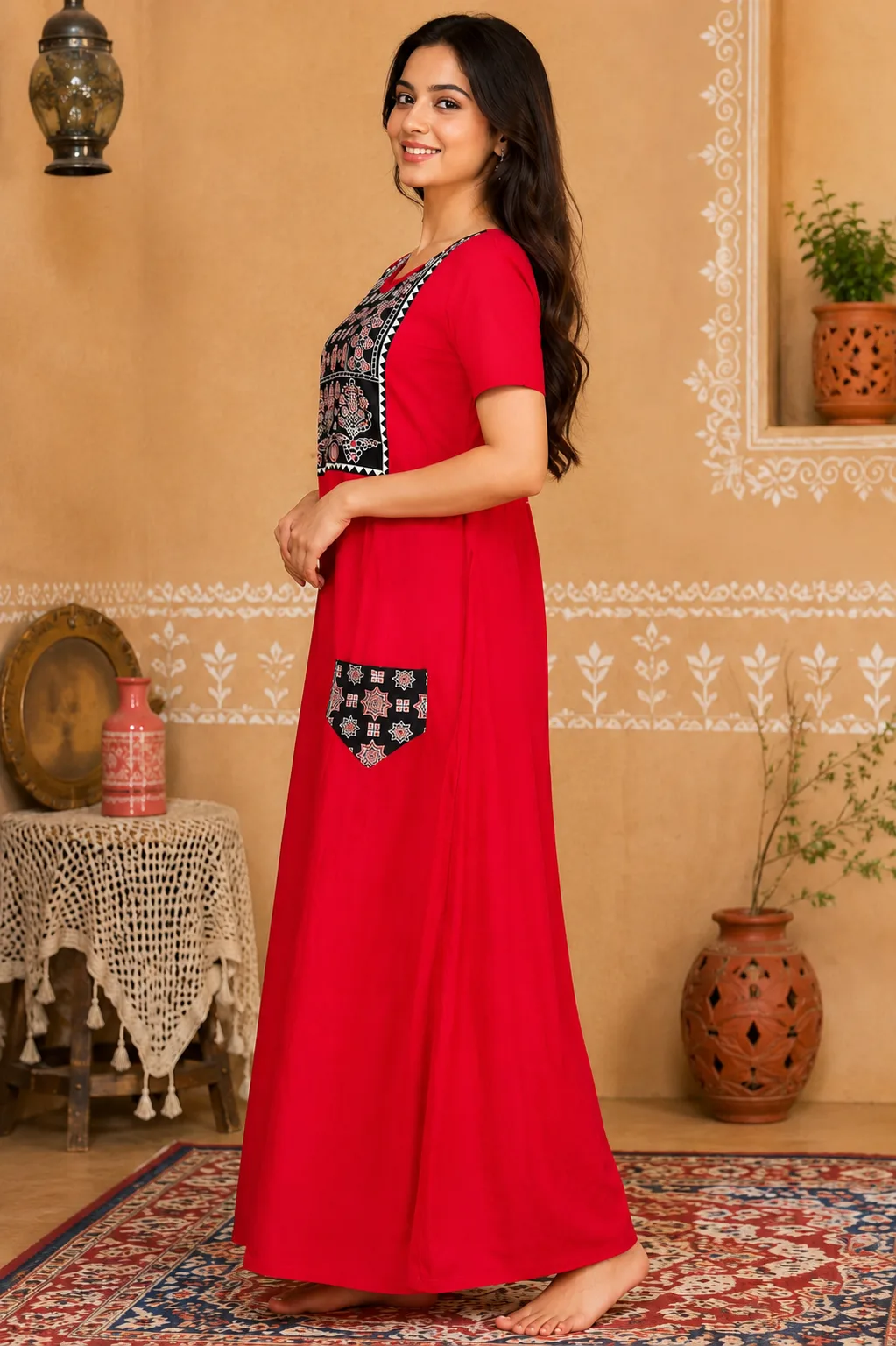 Women’s Solid Red Cotton  Maxi Nightdress with Ajrakh-Inspired Block Printed Yoke Panel view 3
