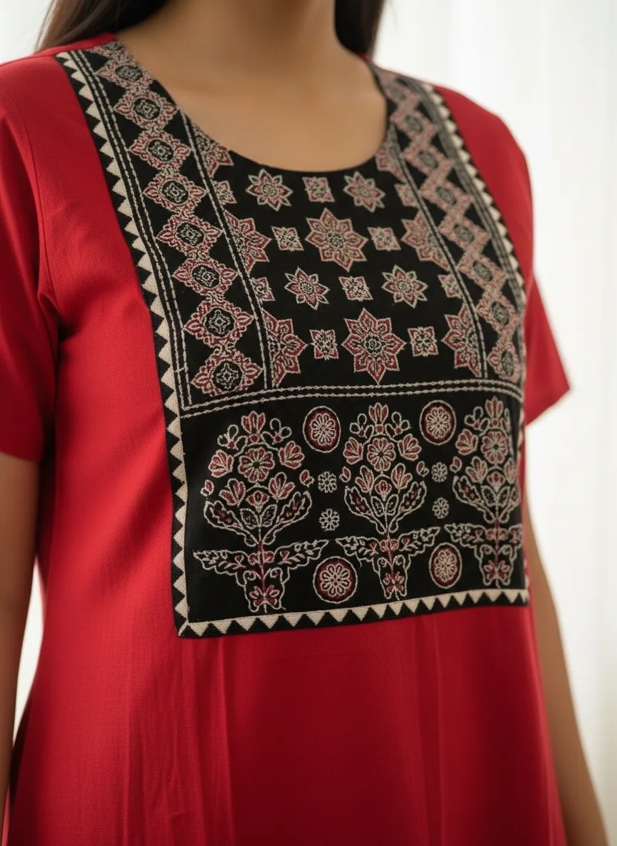 Women’s Solid Red Cotton  Maxi Nightdress with Ajrakh-Inspired Block Printed Yoke Panel view 4