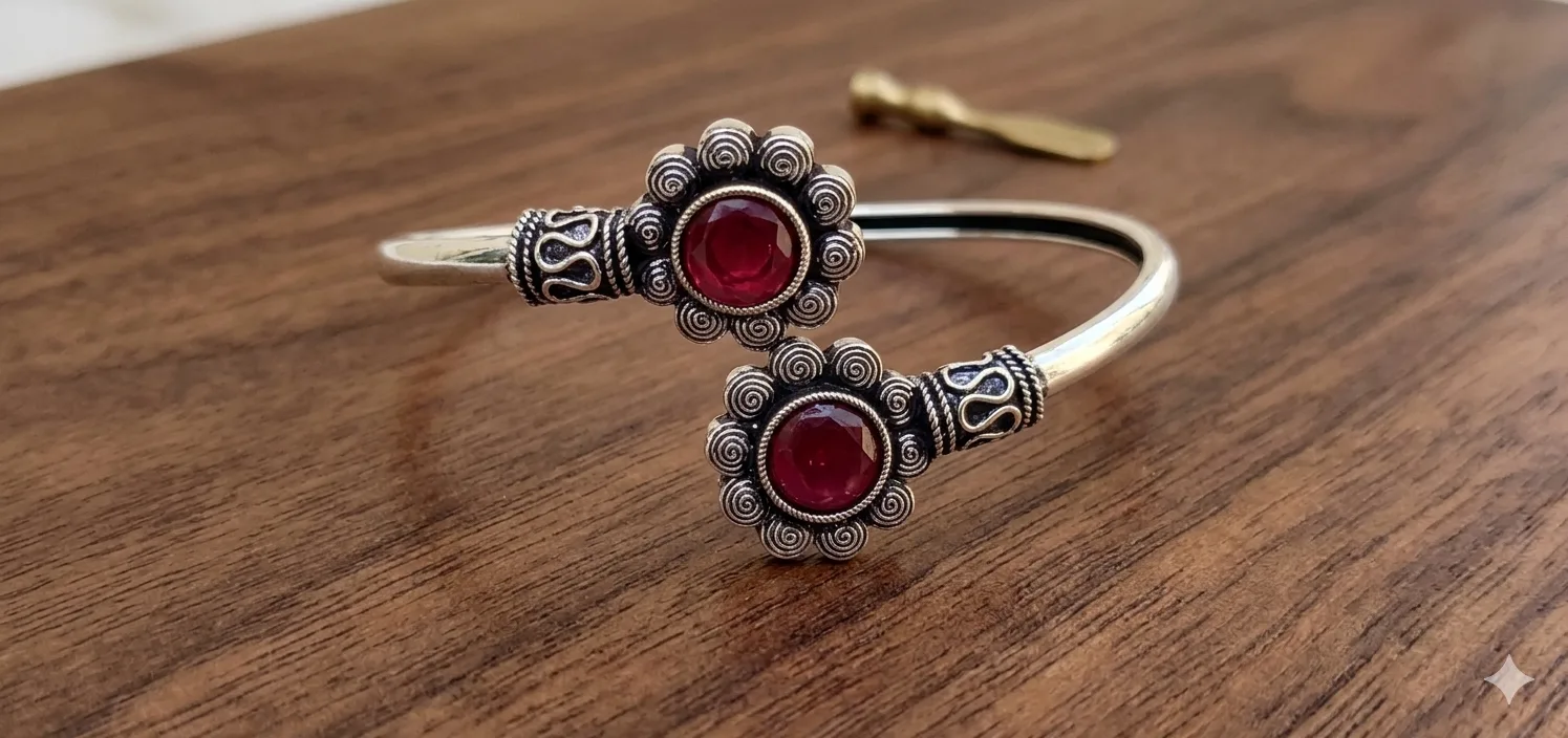 Women’s Oxidised Silver-Toned Open Cuff Bracelet with Red Stone Floral Motif view 2