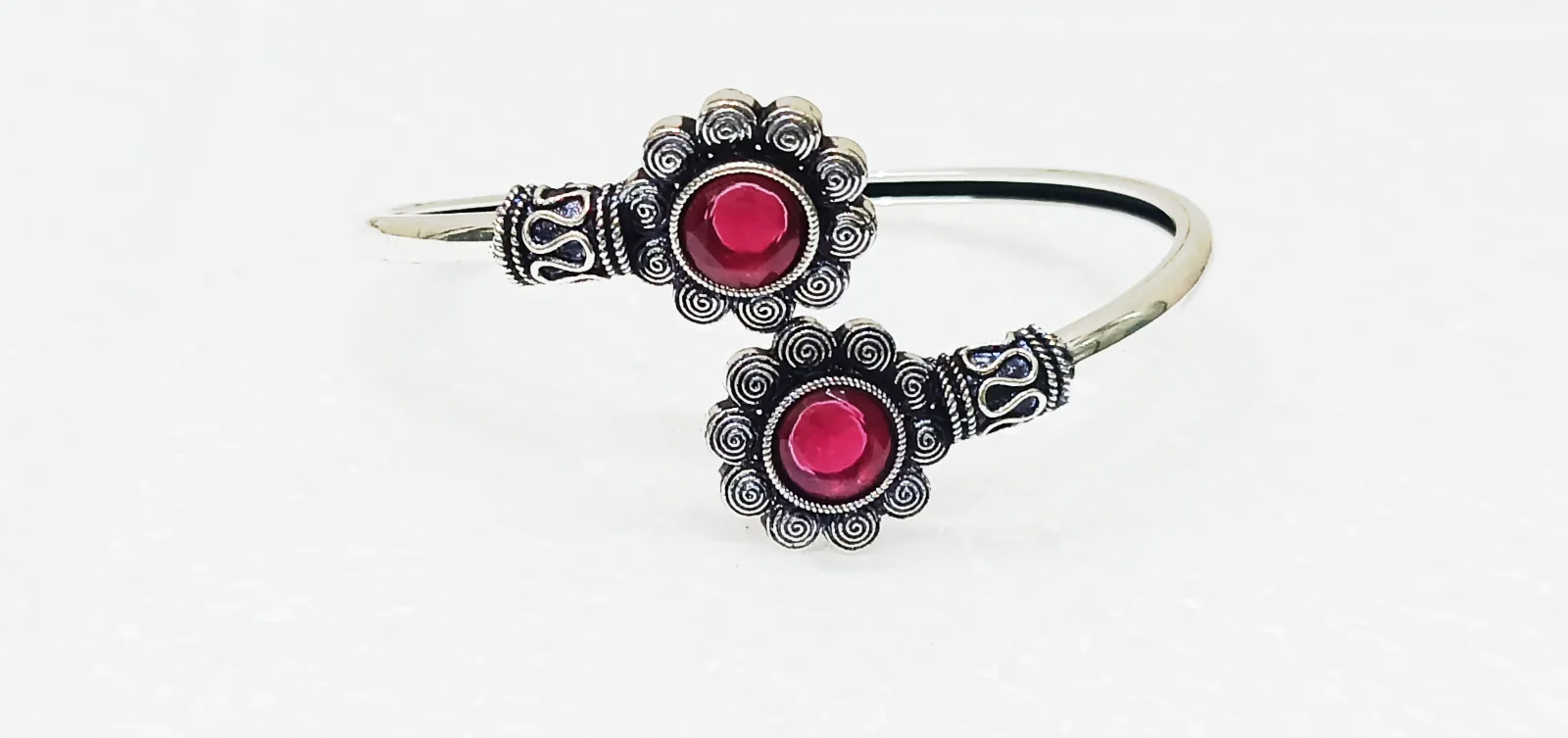 Women’s Oxidised Silver-Toned Open Cuff Bracelet with Red Stone Floral Motif view 3