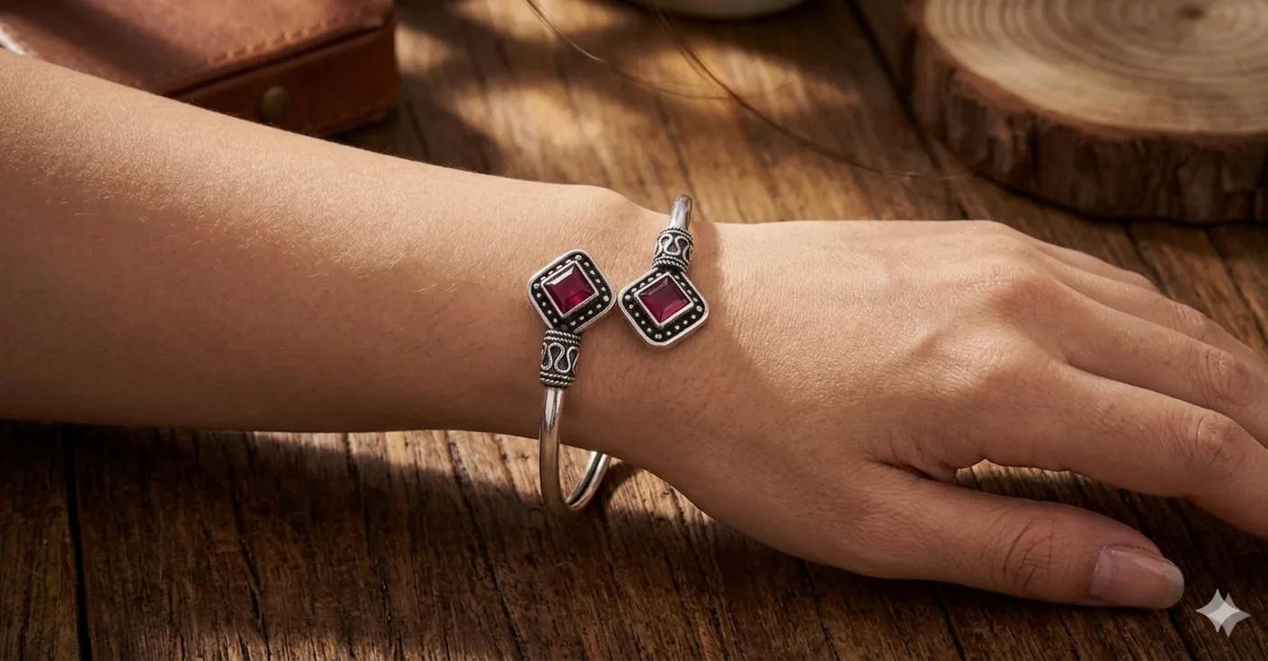 Oxidised Silver-Tone Open Cuff Bracelet with Red Stone Accents view 1