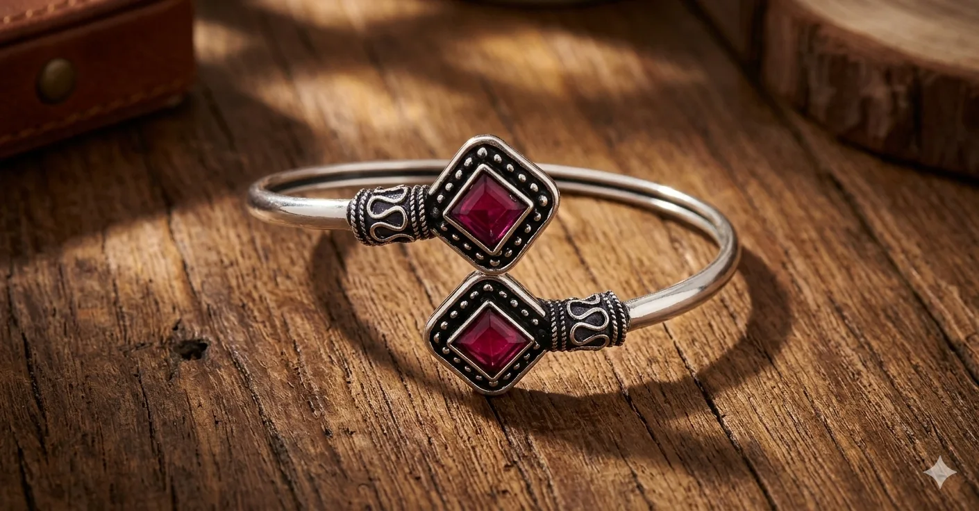 Oxidised Silver-Tone Open Cuff Bracelet with Red Stone Accents view 2