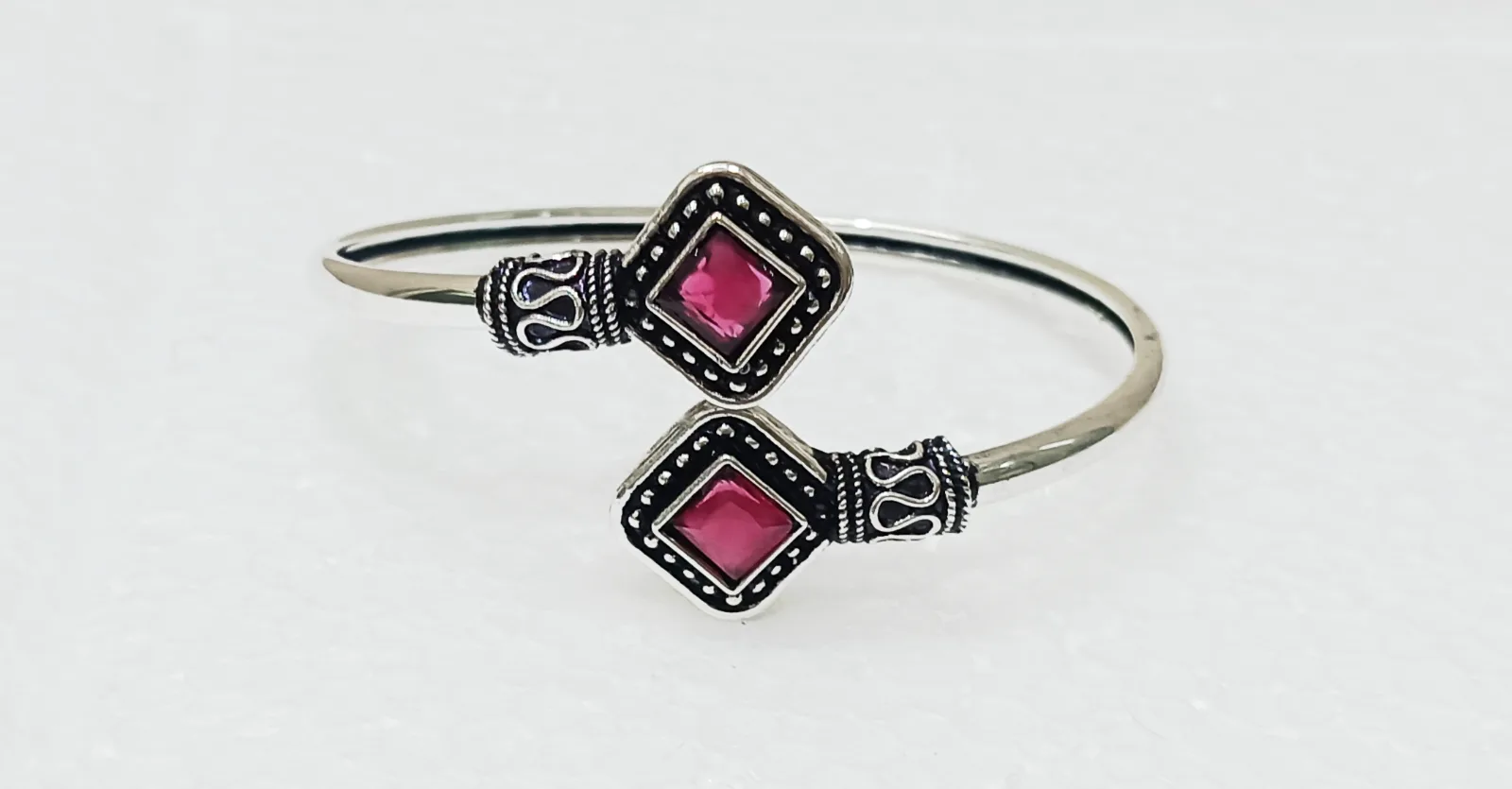 Oxidised Silver-Tone Open Cuff Bracelet with Red Stone Accents view 3