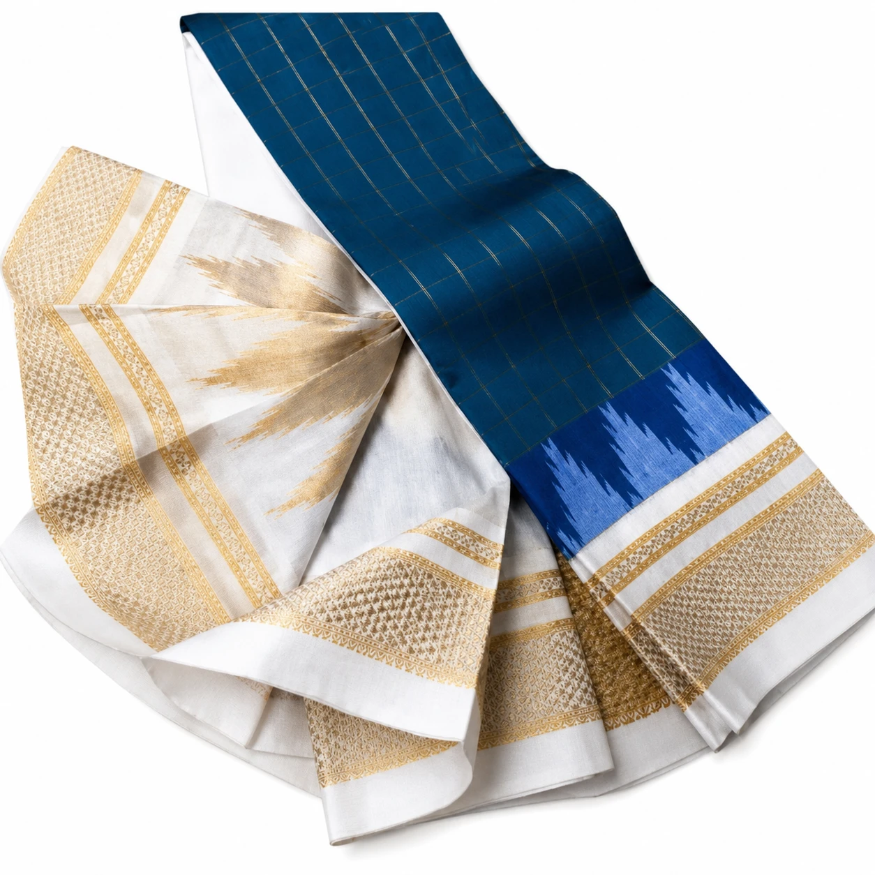 Women's Teal Blue Silk Saree with White and Gold Zari Border view 2