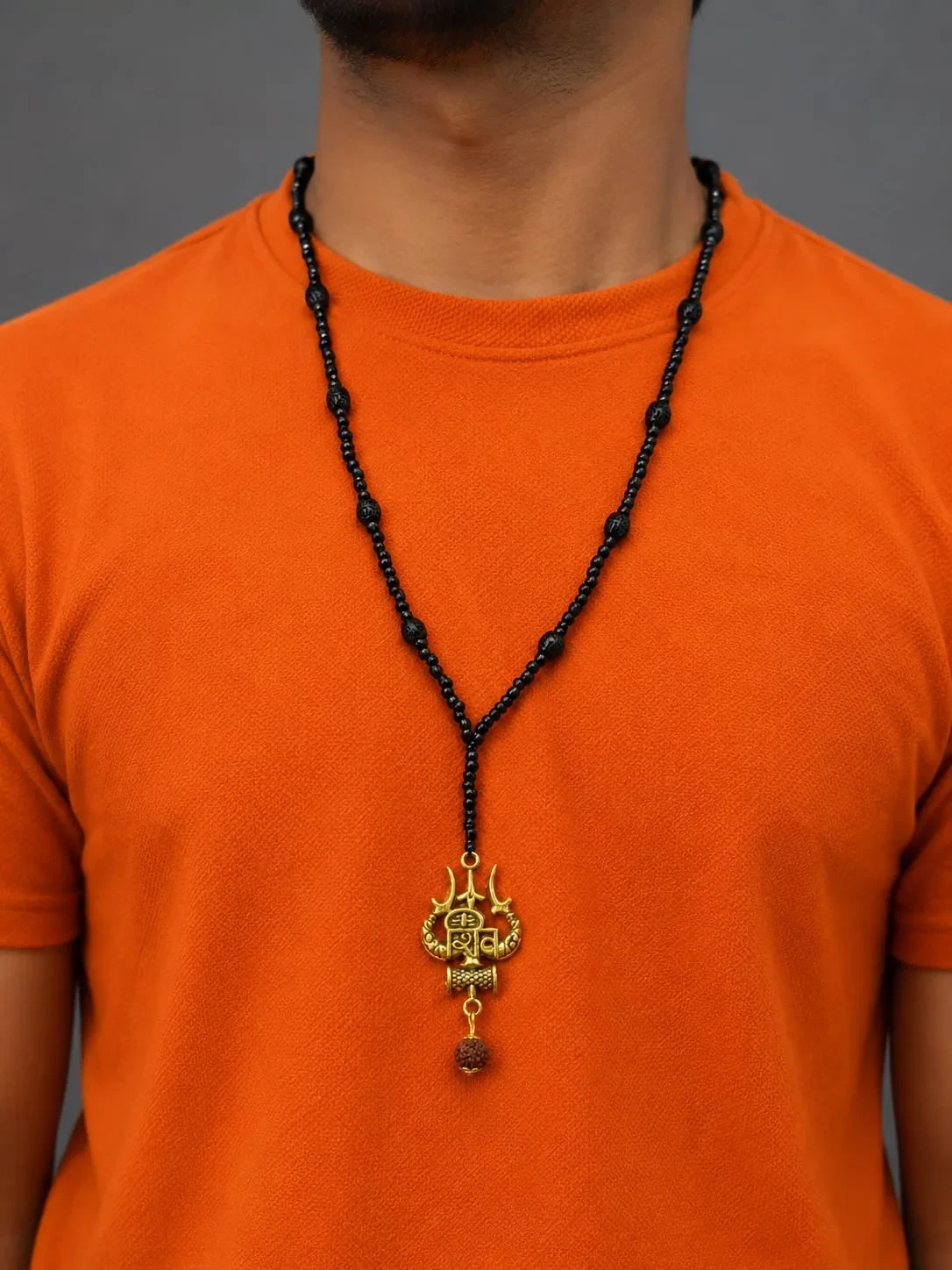 Black Beaded Trishul Pendant Necklace for Men view 2