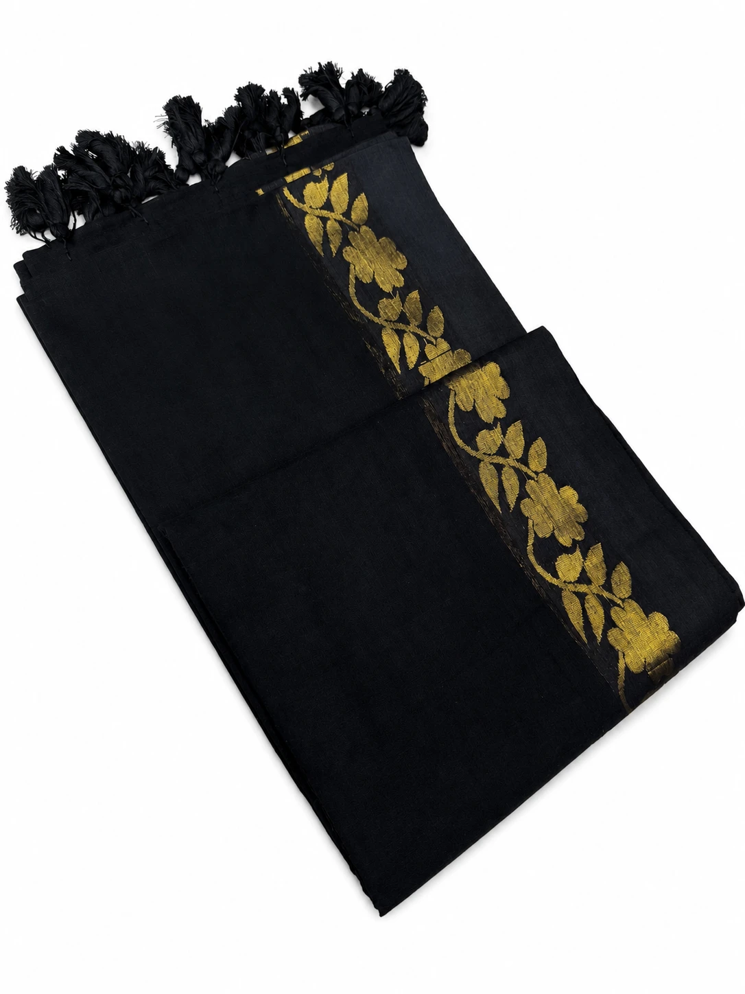 Black Floral Print Stole with Tassels and Zari view 2