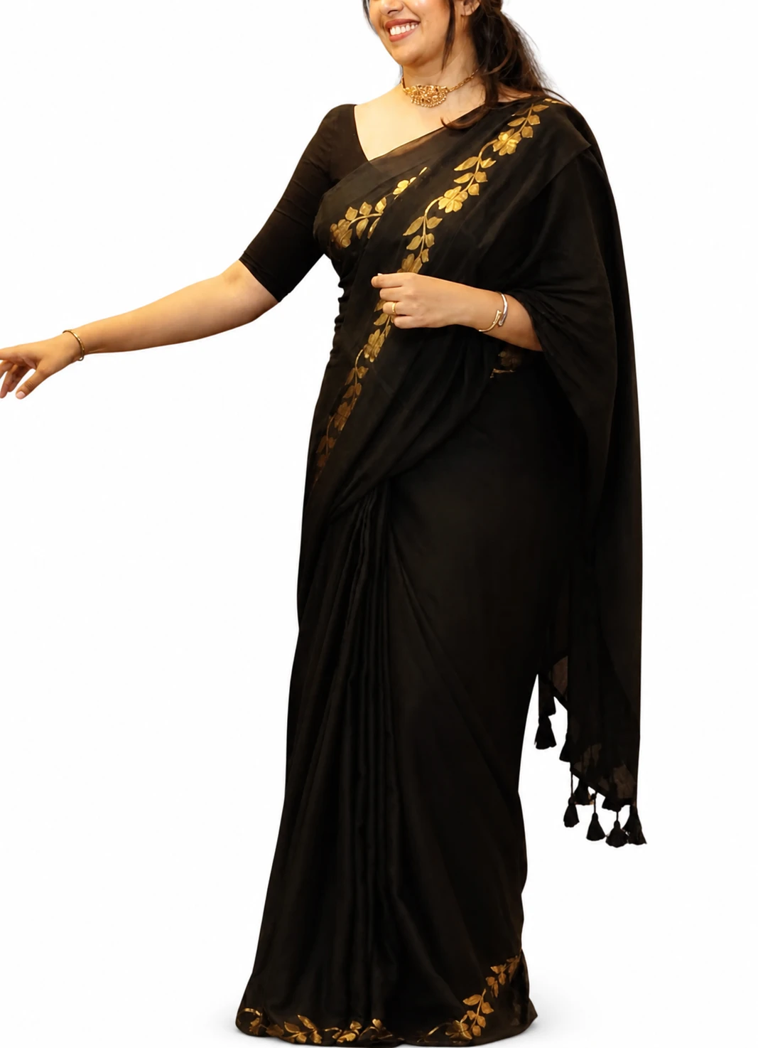 Black Floral Print Stole with Tassels and Zari view 3
