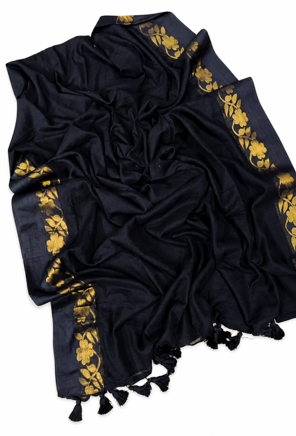Black Floral Print Stole with Tassels and Zari view 4