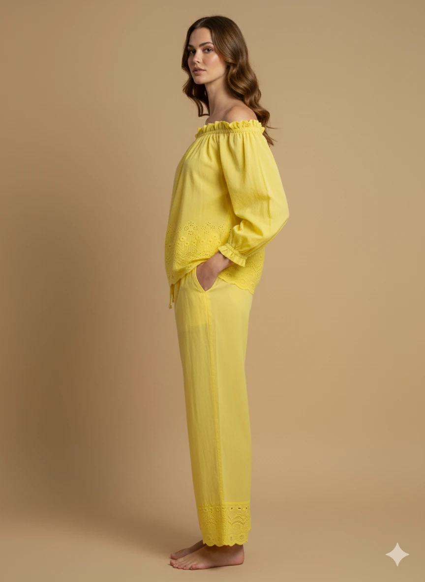 Women Yellow Off-Shoulder Embroidered Top & Palazzo Co-ord Set view 2
