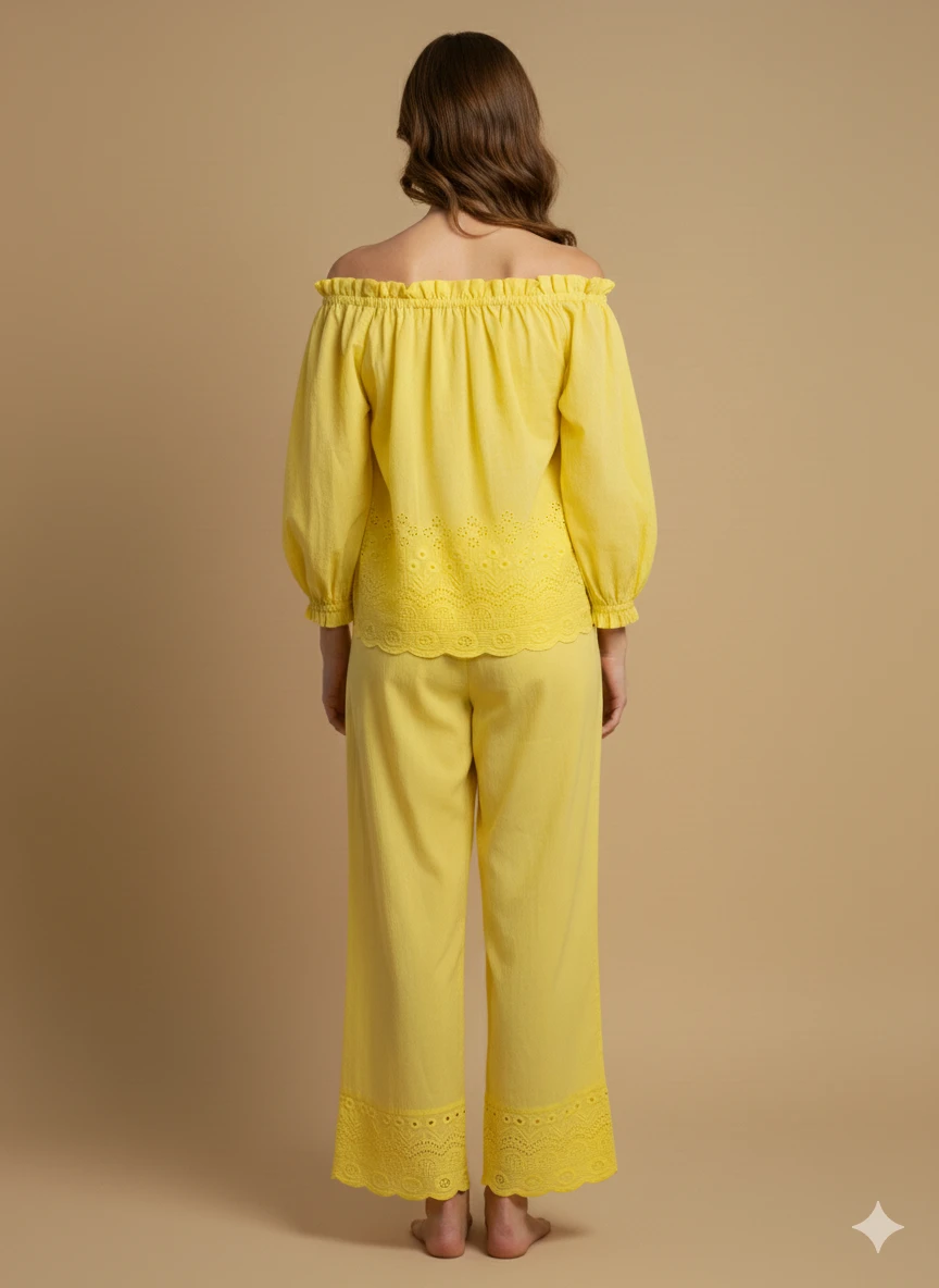 Women Yellow Off-Shoulder Embroidered Top & Palazzo Co-ord Set view 3