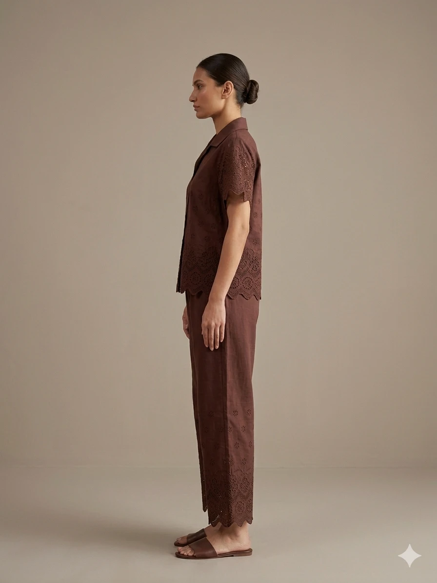 Women's Brown Embroidered Co-Ord Shirt and Wide-Leg Pants Set view 2