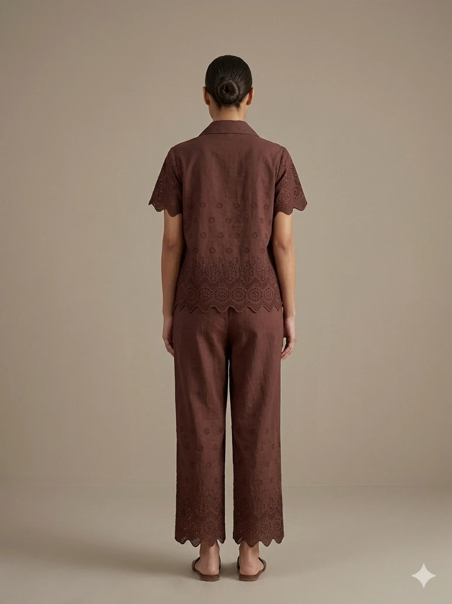 Women's Brown Embroidered Co-Ord Shirt and Wide-Leg Pants Set view 3