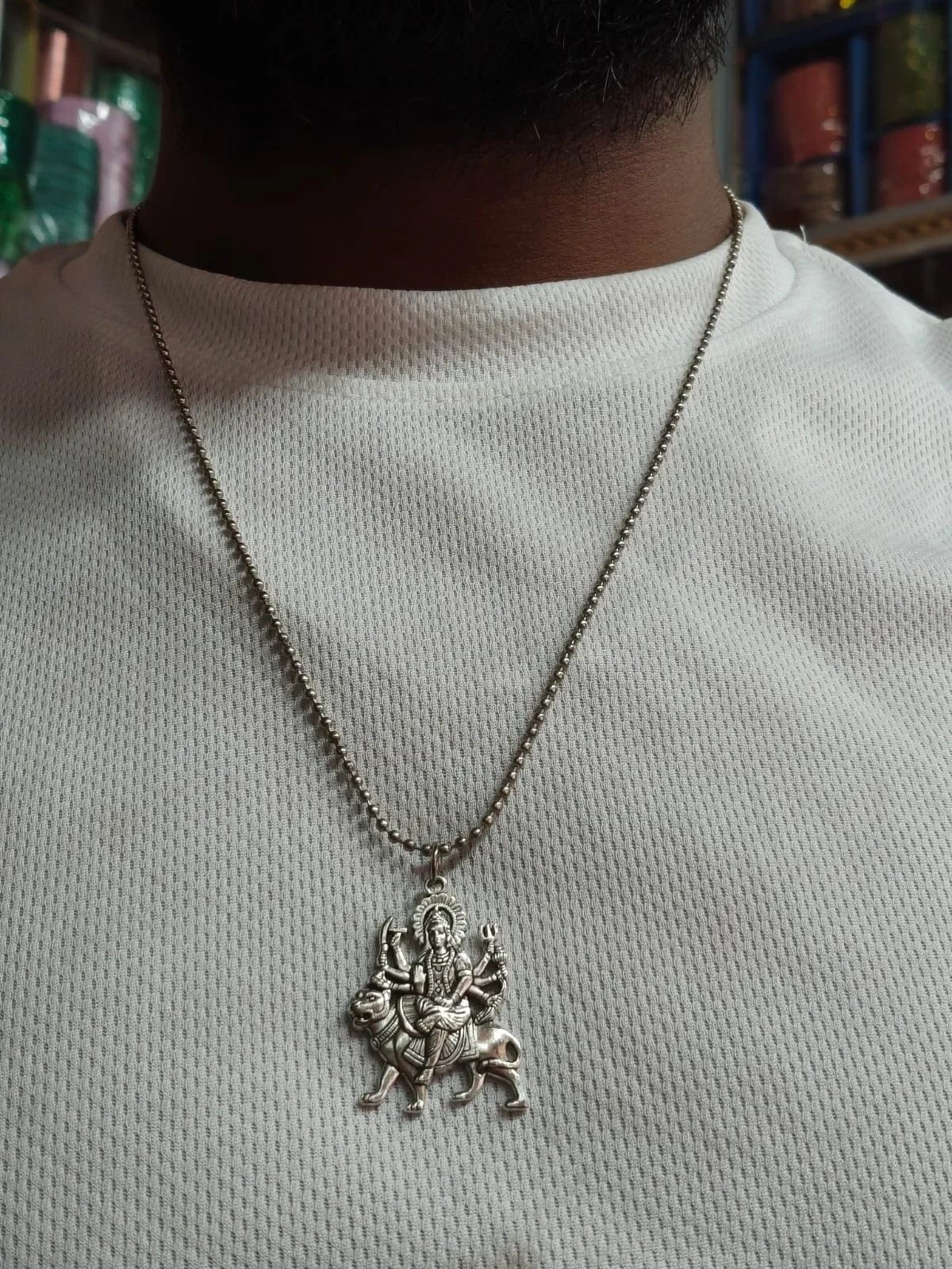 Silver-Toned Goddess Pendant Beaded Chain Necklace view 2