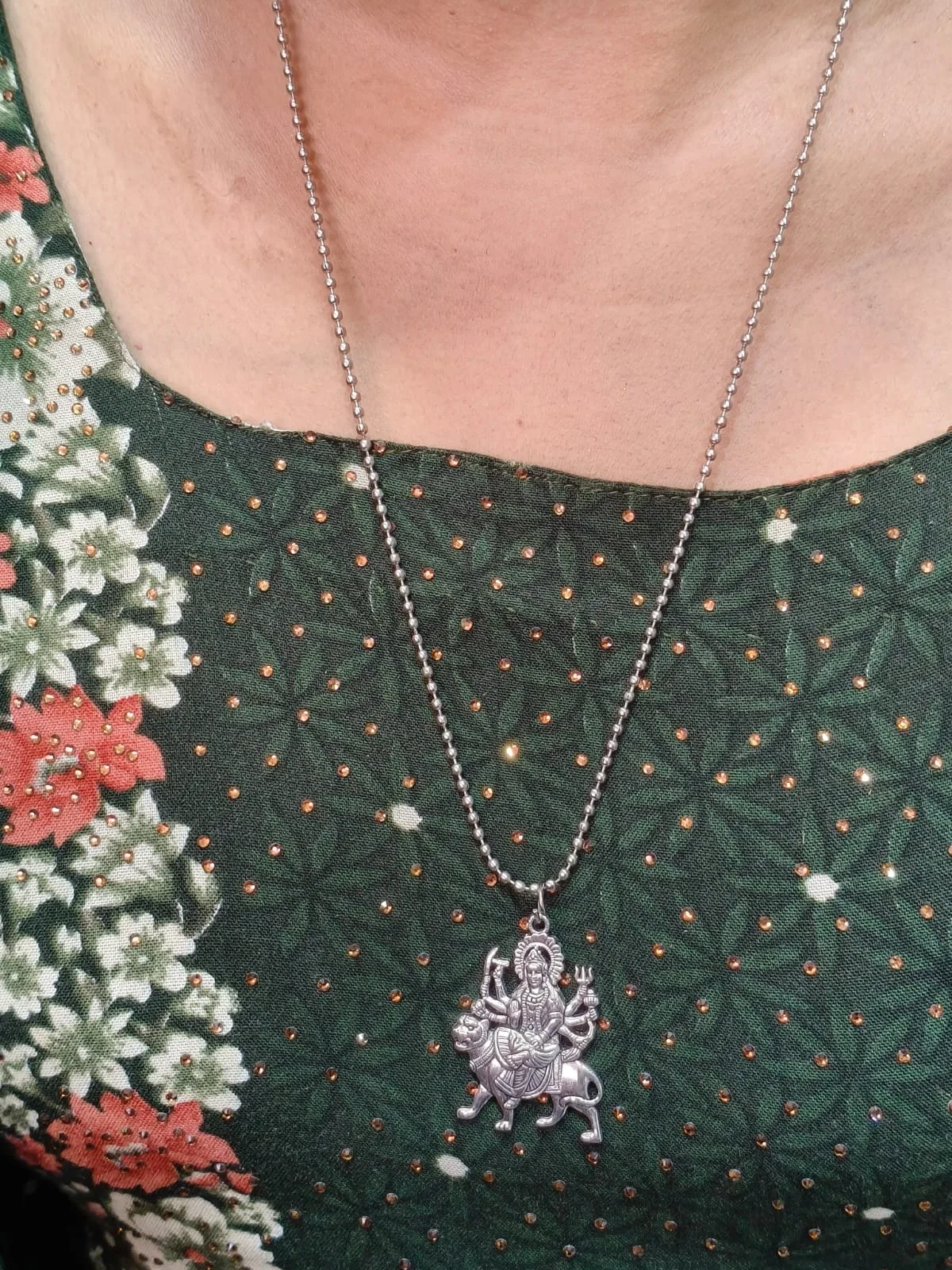 Silver-Toned Goddess Pendant Beaded Chain Necklace view 3