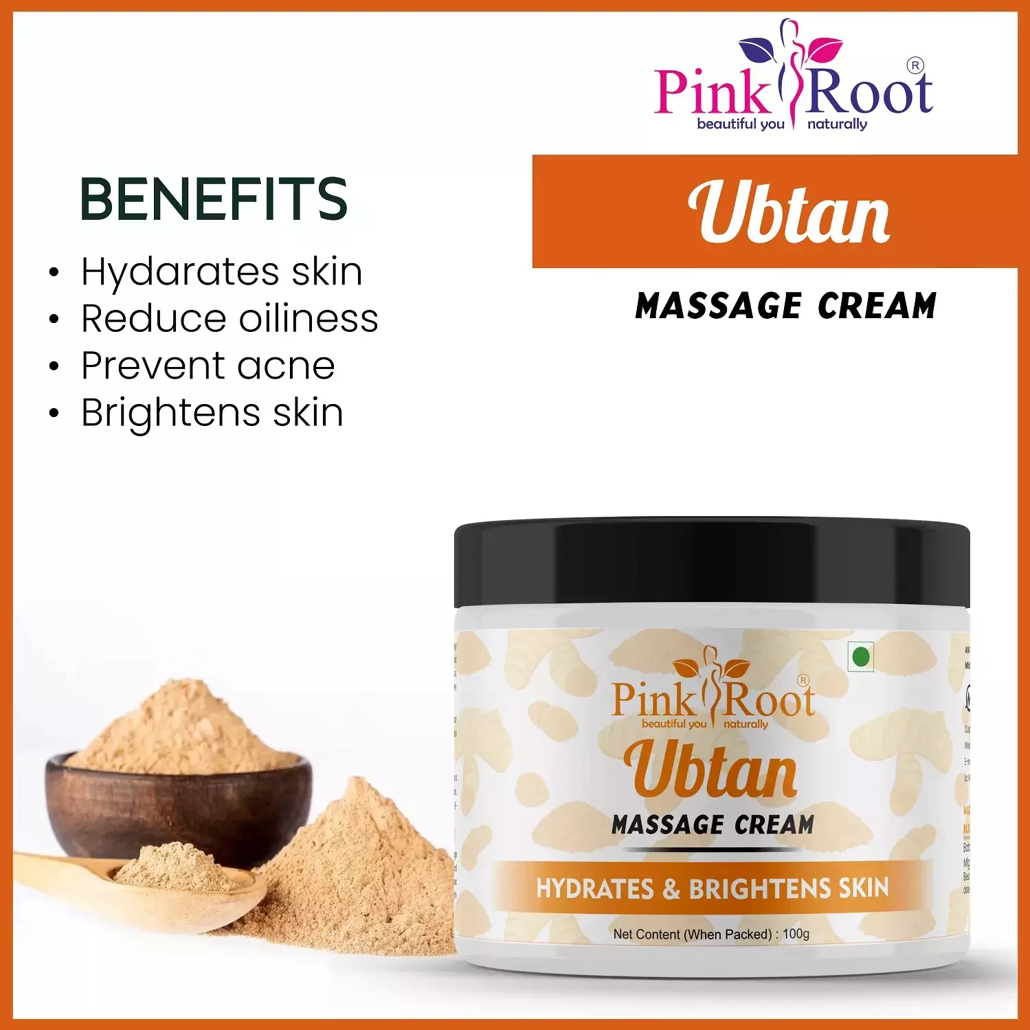 Pink Root Ubtan Massage Cream 100gm for Skin Brightening Tan Removal, Oil Control, Radiance Boosting, Rejuvenating Skin - No Parabens, Silicones view 3