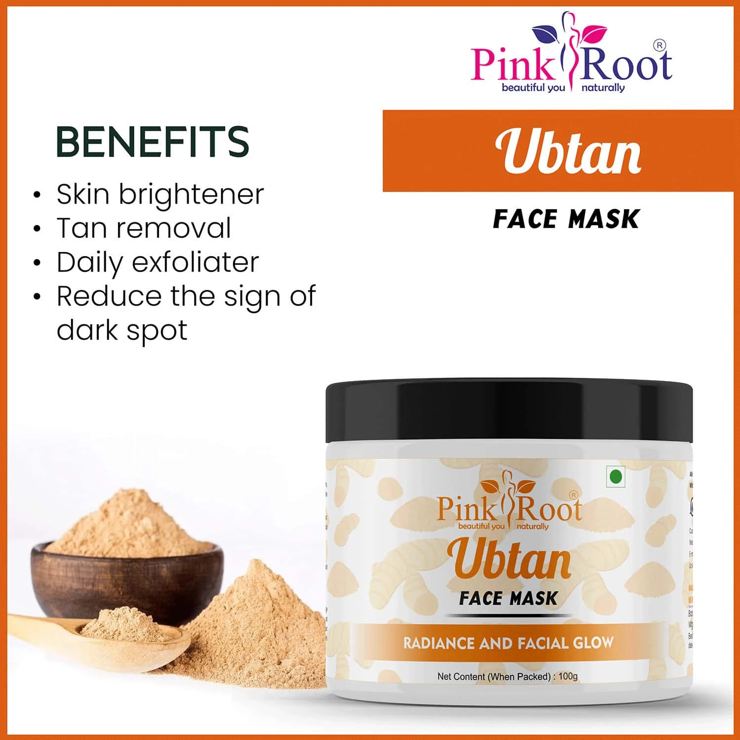 Pink Root Ubtan Face Mask 100gm Cream Mask for Depigmentation, Oil Control, Acne & Fairness, , Skin Brightening Detan Face Pack For Glowing Skin,Tan Removal, Whitening, for All Skin Types view 3
