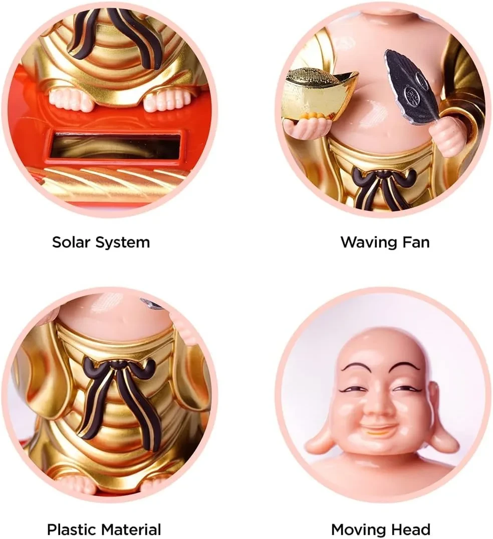 Ahina Solar Powered Bobblehead Laughing Buddha Statue, Gold and Red, Car Dashboard Decorative Figurine view 7
