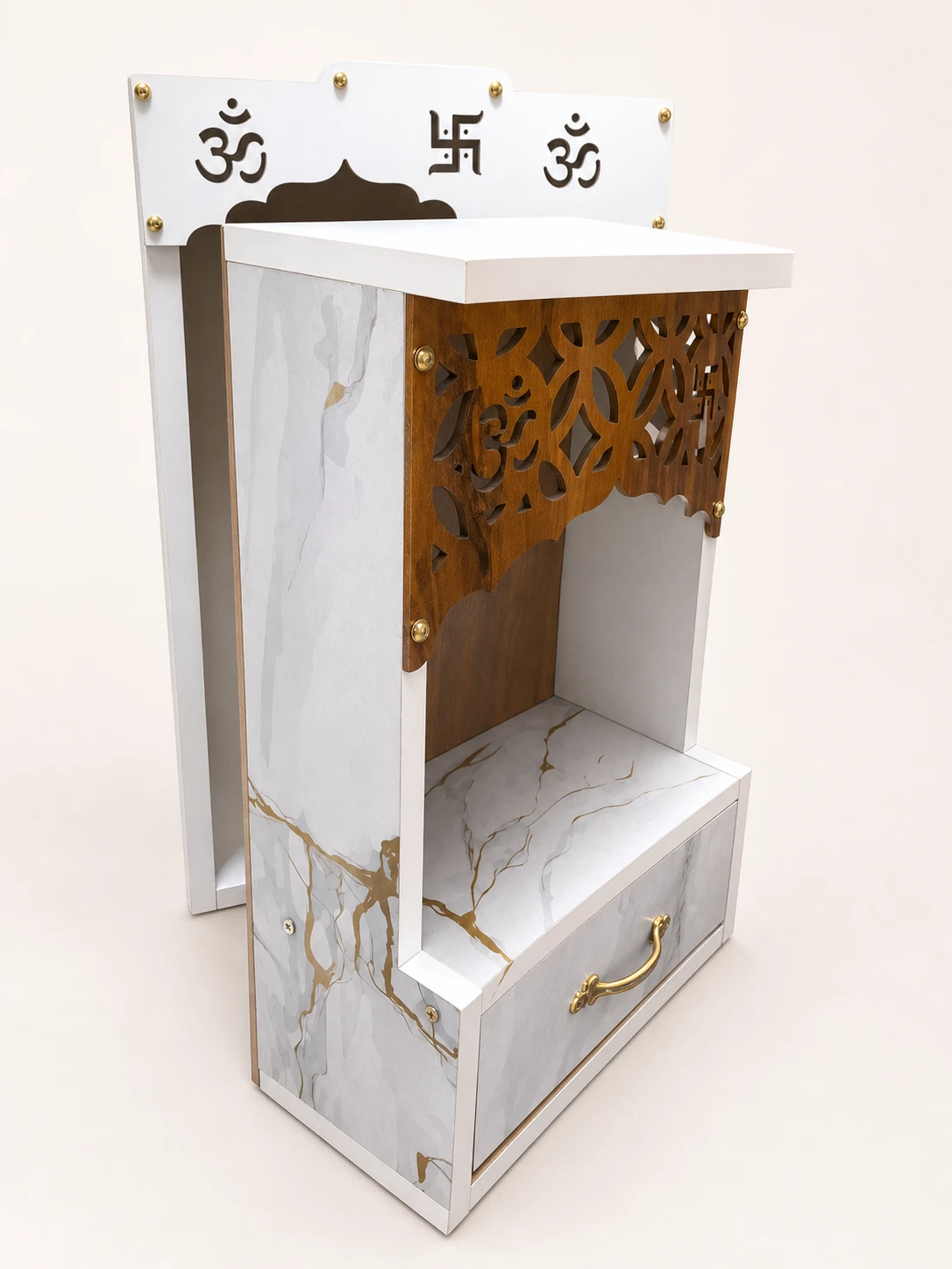 Wooden Home Temple with Drawer and Om Cutwork Design view 2