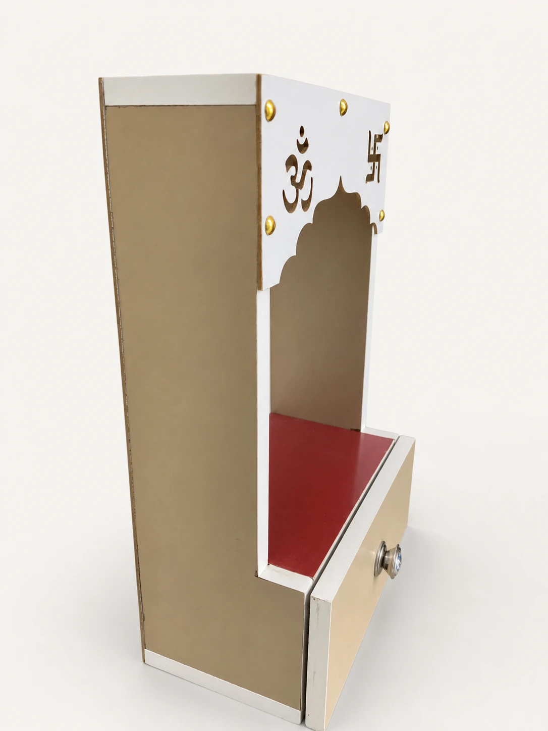 Wooden Pooja Mandir with Drawer and Om Cutwork view 2