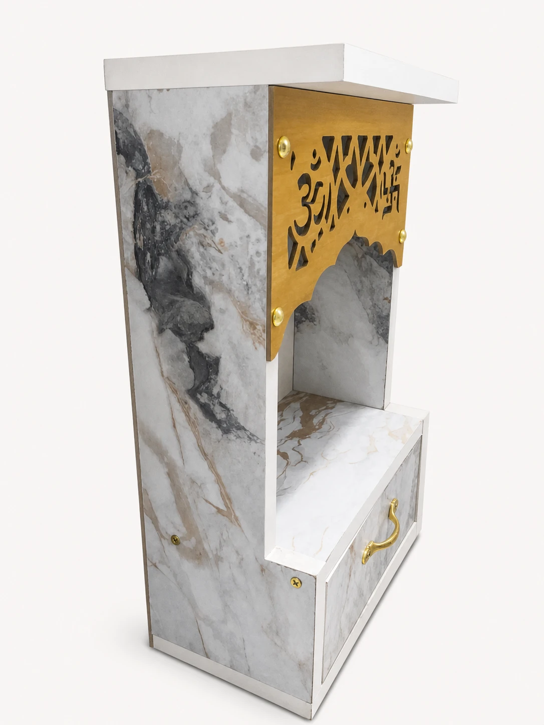 Wooden Pooja Mandir with Drawer and Om-Swastik Cutwork view 2
