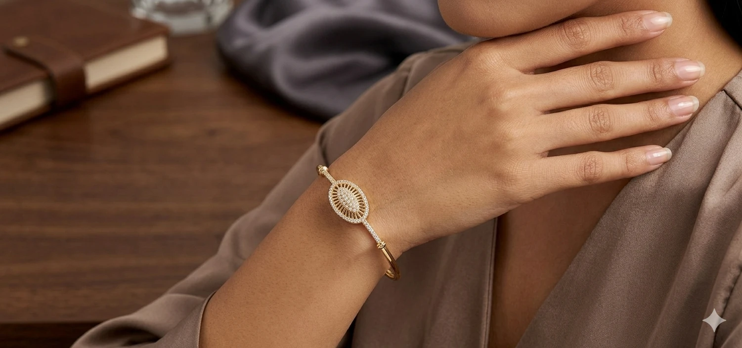 Gold-Toned Oval Stone-Studded Bracelet Bangle view 2