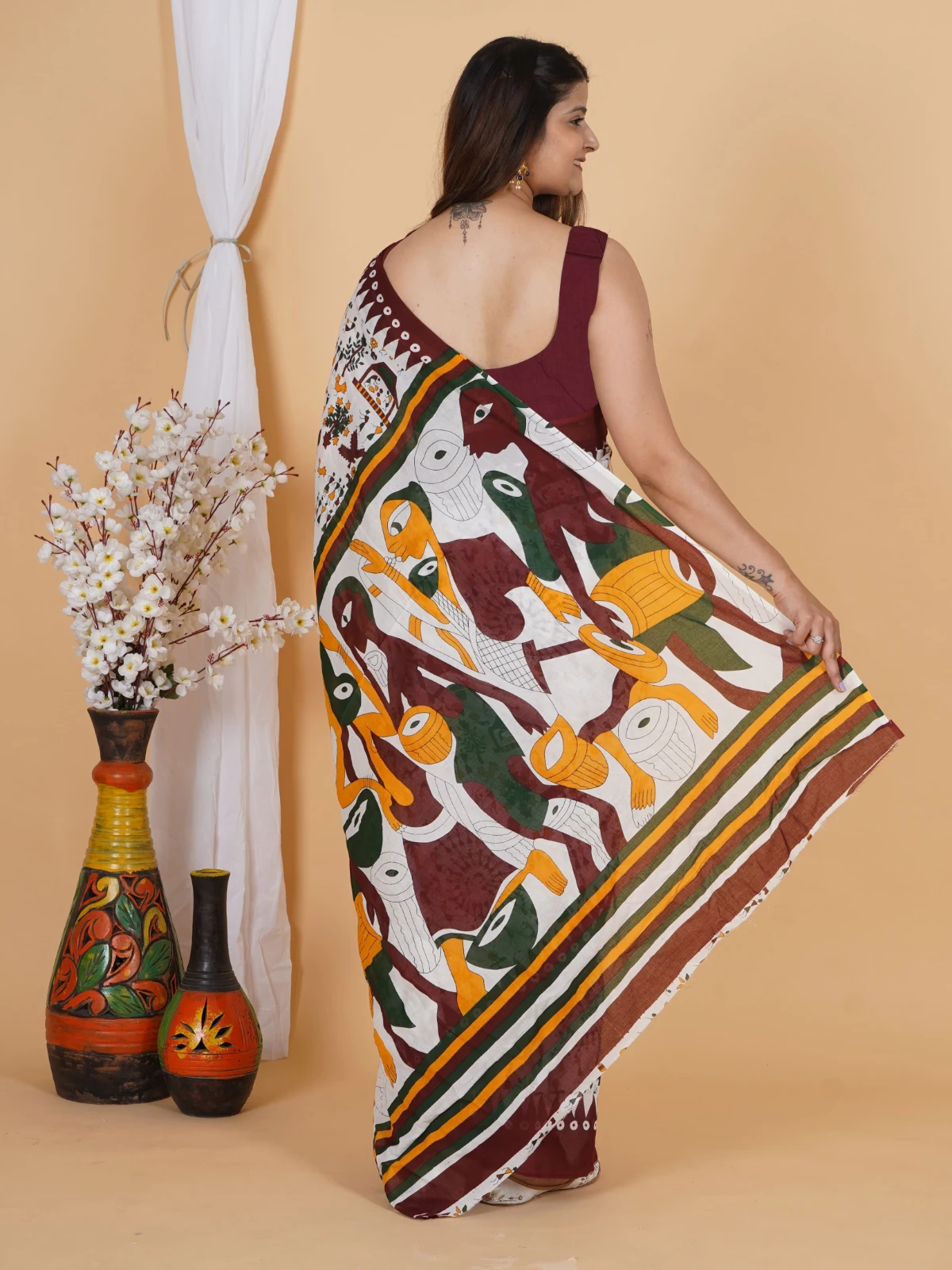 Abstract Face Print Cotton Saree for Women view 2