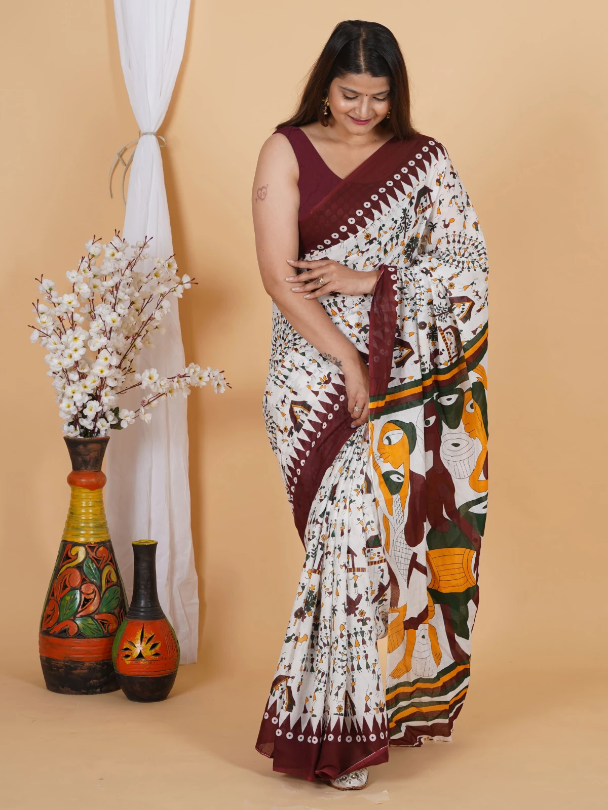 Abstract Face Print Cotton Saree for Women view 3