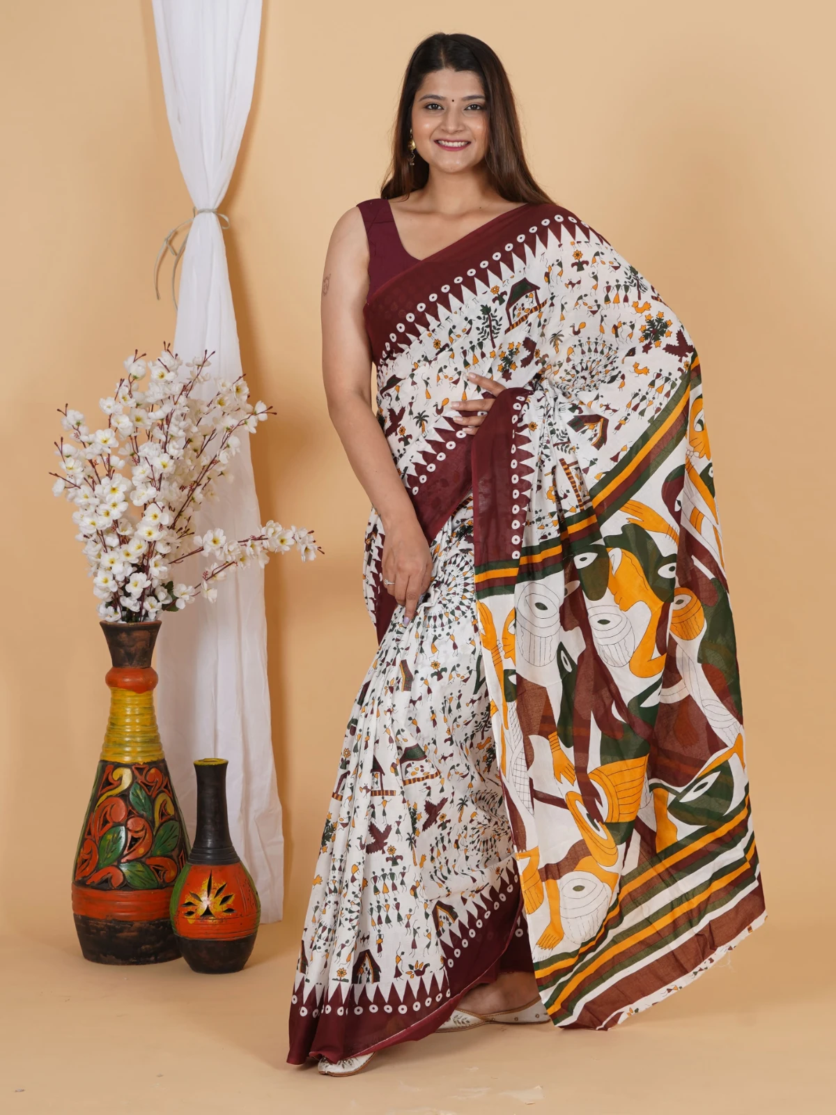 Abstract Face Print Cotton Saree for Women view 4