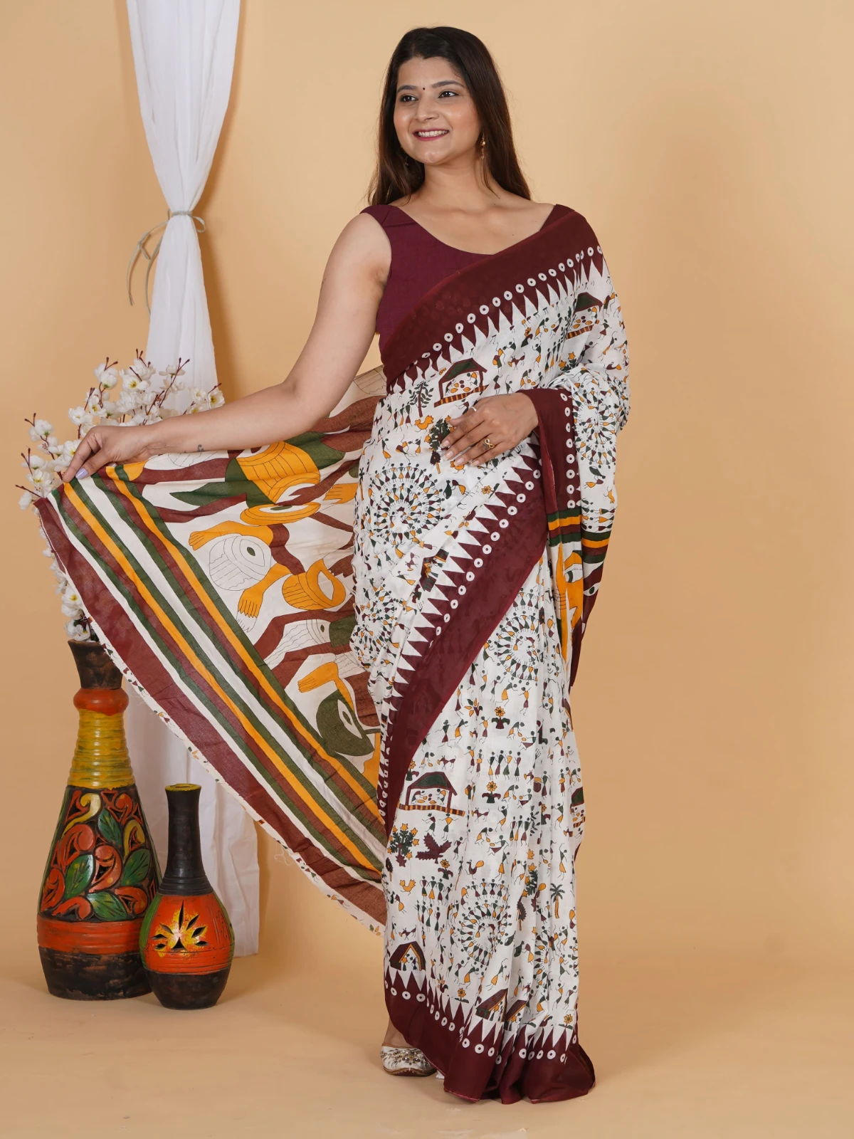 Abstract Face Print Cotton Saree for Women view 5