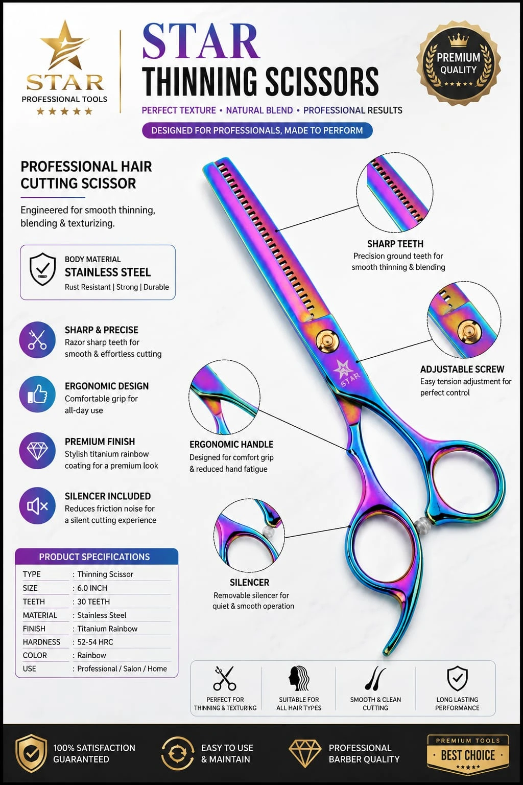 Professional Rainbow Stainless Steel Thinning Hair Scissors view 4