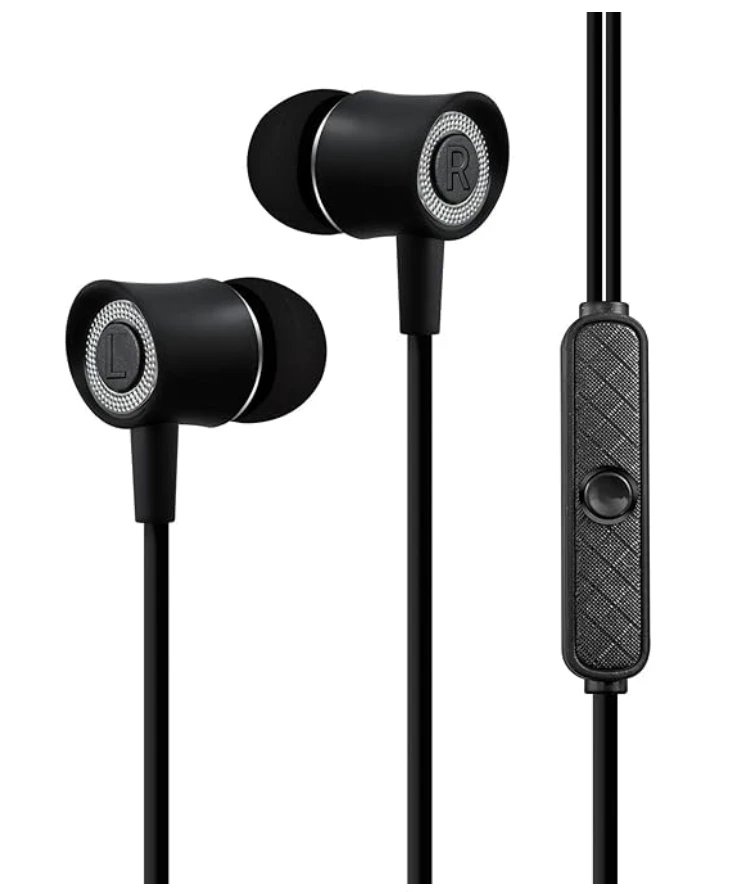 Amkette M7 Wired Earphones with 10mm Neodymium Drivers, Universal 3.5mm 90 Degree Angled Gold Plated Jack and Lightweight Earbuds - 1.2 Meters (3.93 Feet) (Black) view 2