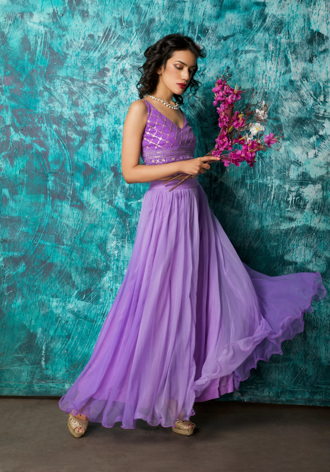 Women’s Lavender Embroidered Crop Top with Flared Palazzo Set view 3