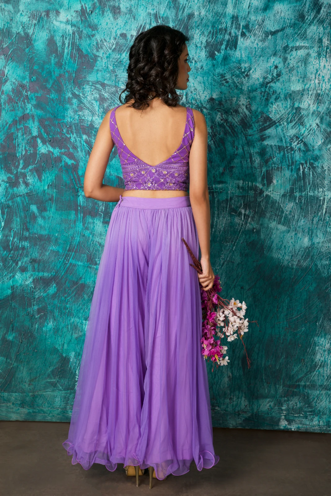 Women’s Lavender Embroidered Crop Top with Flared Palazzo Set view 4