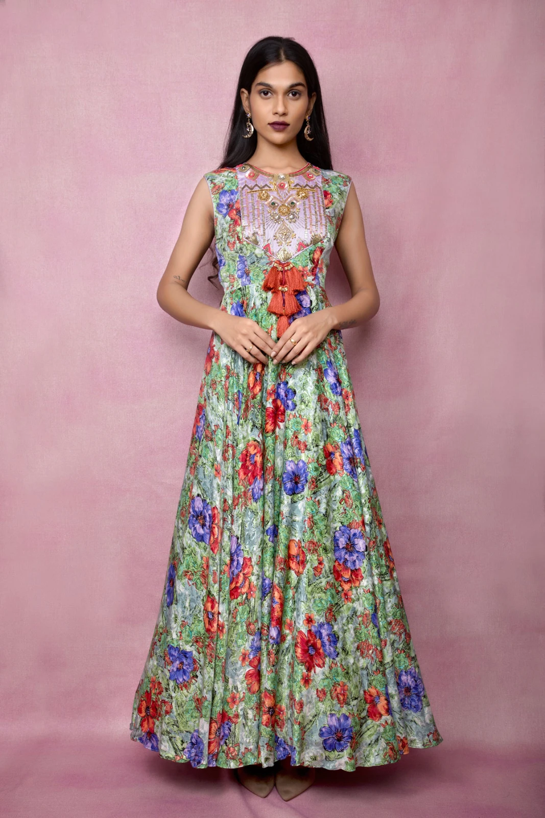 Women's Floral Printed Embellished Gown view 2