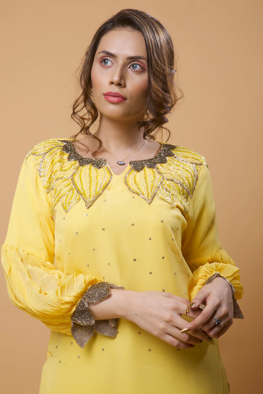 Women Yellow Embellished Straight Kurta view 2