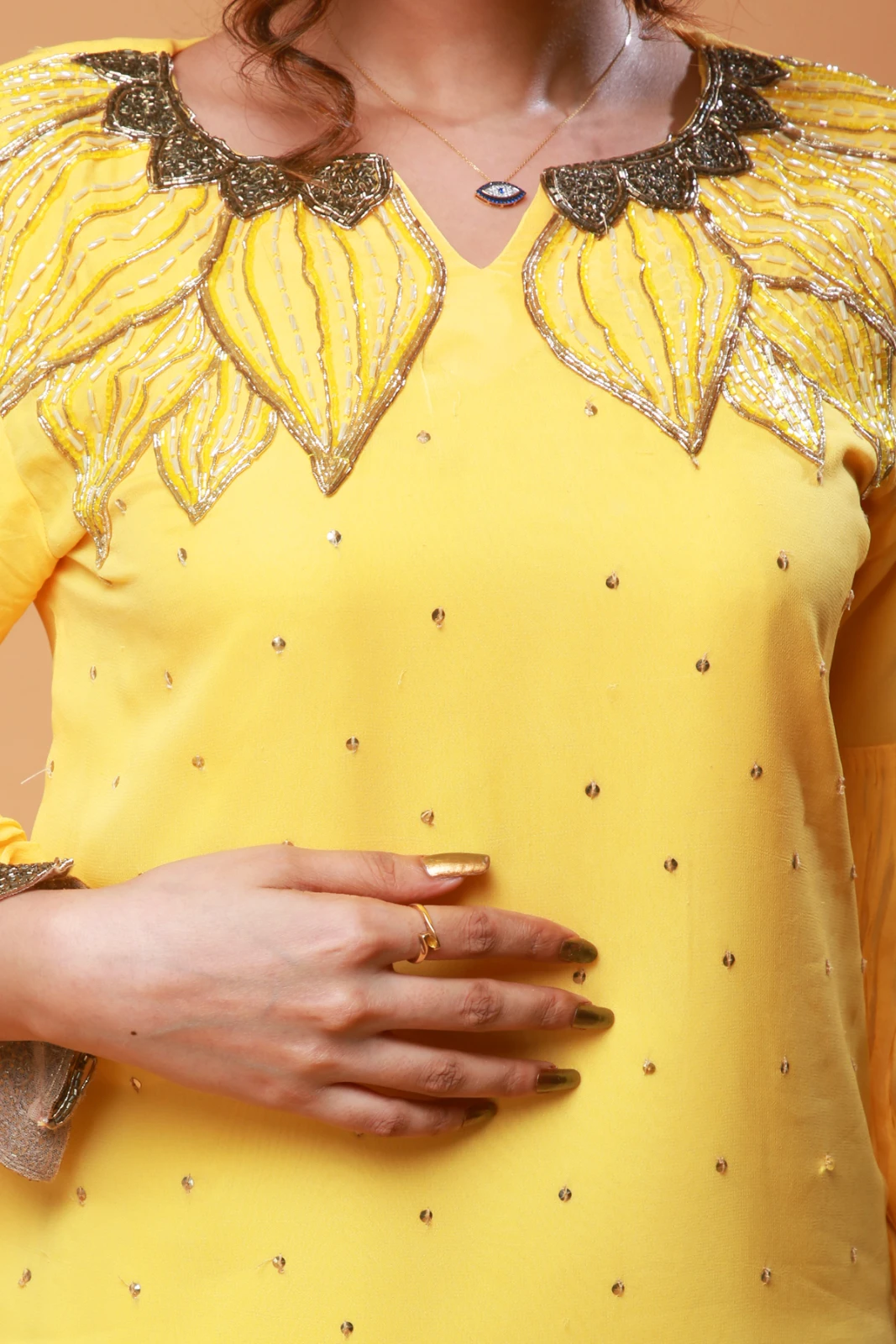 Women Yellow Embellished Straight Kurta view 3